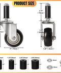 Front and side views of four 3-inch expanding-stem caster wheels with threaded swivels for stainless steel kitchen carts
