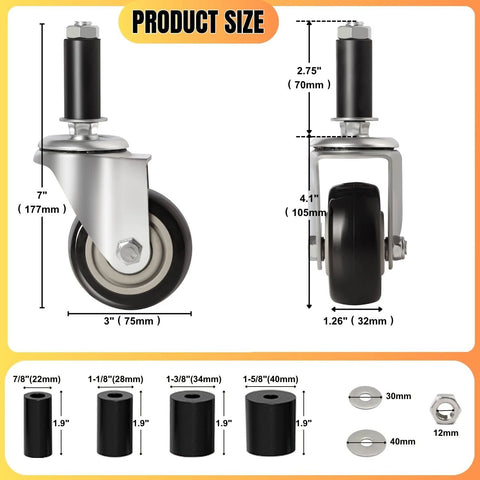 Front and side views of four 3-inch expanding-stem caster wheels with threaded swivels for stainless steel kitchen carts