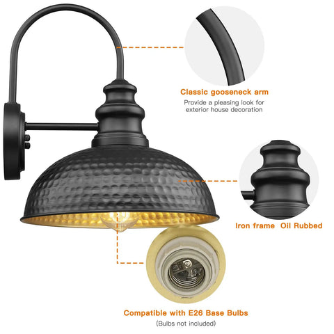 Farmhouse Outdoor Barn Light Fixture 12 Inch Dome Exterior Wall Light with gooseneck arm and bulb base detail