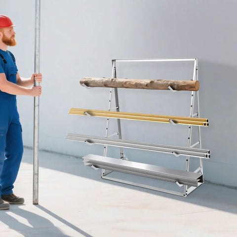 Heavy Duty Four Tier Horizontal Lumber Storage Rack For Garage Built Like A Tank Holds Wood Boards Firmly Up To 440 Pounds Rust Resistant Silver Garage Boss with assorted materials loaded.