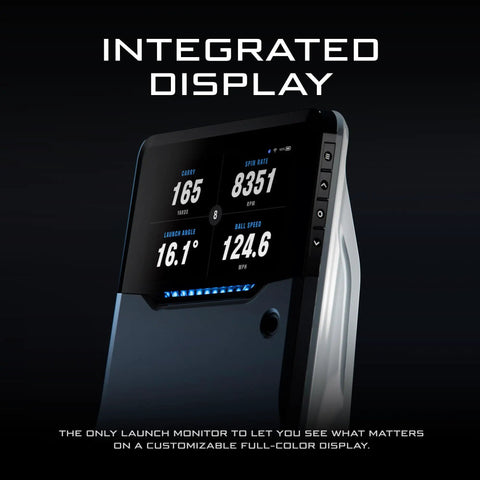 Portable Golf Launch Monitor And Simulator With 5D AI Radar, 4K Camera And OLED Display showing integrated swing data screen