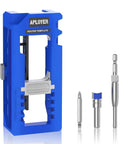 Adjustable Door Hinge Jig And Router Template For 3 To 5 Inch Hinges, blue router template with drill bits for precise mortises.