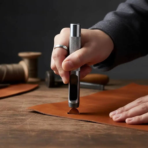 Using Pro Grade Heavy Duty Steel Leather Hole Punch Set Three Piece Grommet Punch Kit on leather for crafting and upholstery