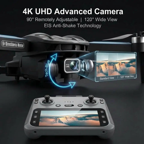 4K GPS Drone With 4.5 Inch HD Controller Screen, Foldable Quadcopter showing camera views and controller display.