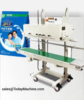 Automatic Vacuum Tray Sealer And Solid Workhorse Professional Sealing Unit With Smooth Conveyor Belt For Plug And Play Food Packaging And Quick Daily Seal Runs Every Single Day with green conveyor.