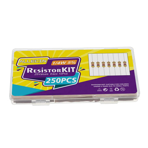 25 Value One Quarter Watt Carbon Film Resistor Kit From One Ohm To One Mega Ohm Five Percent Axial Lead Assortment box cover