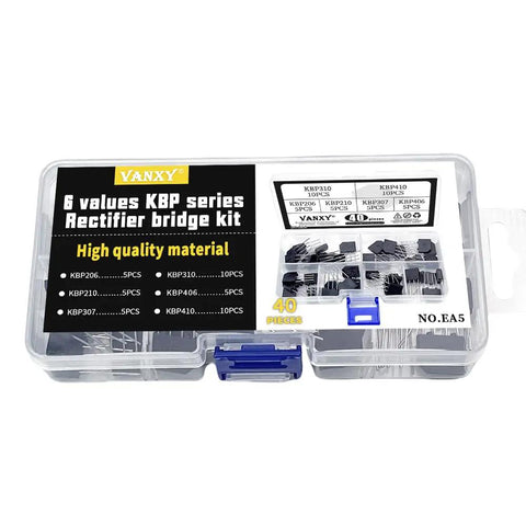 Six Types Rectifier Bridge Kit With Forty Pieces Includes KBP206 KBP210 KBP307 KBP310 KBP406 KBP410 4 Pin Rectifier Bridges For AC DC Power Supplies Motor Drives And DIY Electronics In A Neatly Labeled Case., transparent plastic case with assorted KBP rectifier bridges