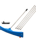 Heavy Duty Extendable Roof Snow Rake With Gliding Rubber Wheels And Lightweight Aluminum Handle Kicks Ice Dam Drama Straight Up And Makes Clearing Fresh Flakes An Absolute Breeze While Guarding Your Shingles Safely Made In The Usa, featuring blue rake head and extendable aluminum poles.