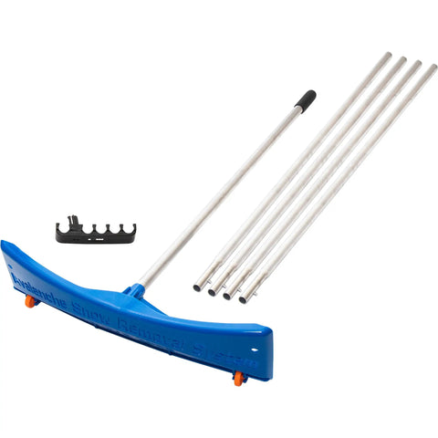 Heavy Duty Extendable Roof Snow Rake With Gliding Rubber Wheels And Lightweight Aluminum Handle Kicks Ice Dam Drama Straight Up And Makes Clearing Fresh Flakes An Absolute Breeze While Guarding Your Shingles Safely Made In The Usa, featuring blue rake head and extendable aluminum poles.