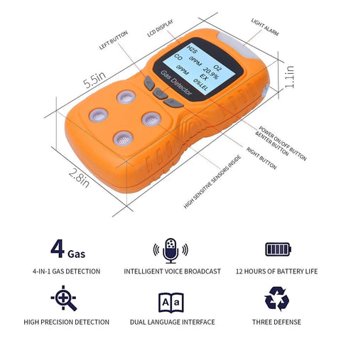 Orange Four In One Portable Gas Detector With Clip Go To Gear Rechargeable Handheld Gas Monitor Meter Tester And Analyzer