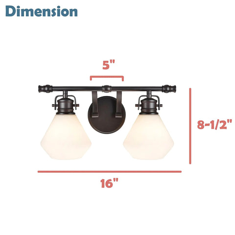 Two Light Metal Bathroom Vanity Wall Light Fixture 16 Inch Wide Bronze With Opal Glass Shade Transitional Style Bath Lighting