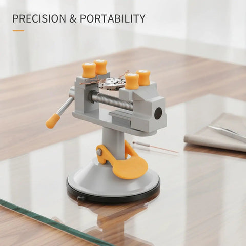 Ultimate Mini Bench Vise With Suction Base, Top Notch Aluminum Alloy Clamp Perfect For Jewelry And Electronics Repair, Compact Workholding Tool on a glass table.