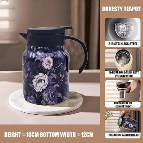 Vintage Floral Teapot With Built In Infuser And V Shaped Spout Stainless Steel Detachable Coffee Pot Green Wooden Handle