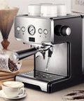 Electric Coffee Machine Milk Frother And Cappuccino Maker With Removable Tank Stainless Steel Safety Valve Easy Drip Tray Smart Panel.