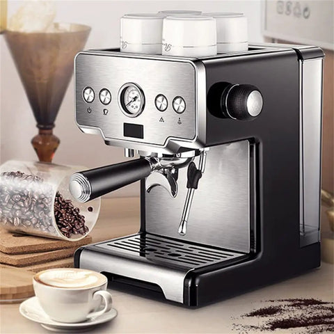 Electric Coffee Machine Milk Frother And Cappuccino Maker With Removable Tank Stainless Steel Safety Valve Easy Drip Tray Smart Panel.