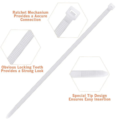 Heavy Duty Nylon Zip Ties 24 Inch Self Locking Wire Ties 30 Pack White for Indoor Outdoor Use with close-up details