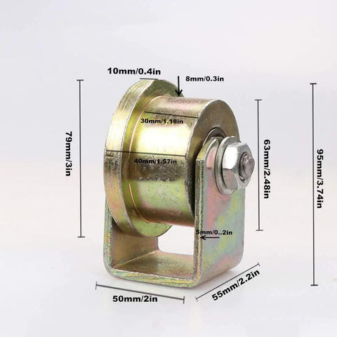 Heavy Duty T Groove Sliding Gate Roller Track Wheel With 80 Millimeter Galvanized Steel Barn Door Caster dimensions displayed.