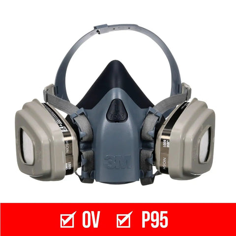 Half Face Organic Vapor Respirator P95 with Cool Flow Valve, large, grey silicone, front view with OV 6001 cartridges and P95 filters