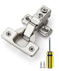 Brushed Nickel Short Arm Cabinet Hinges For Kitchen Cupboards With Half Inch Overlay Heavy Duty Build shown with screws and screwdriver.