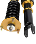 Close-up of Mazda RX-8 Coilovers Struts Kit 2004-2011 Height Adjustable Suspension System with golden mounting plate