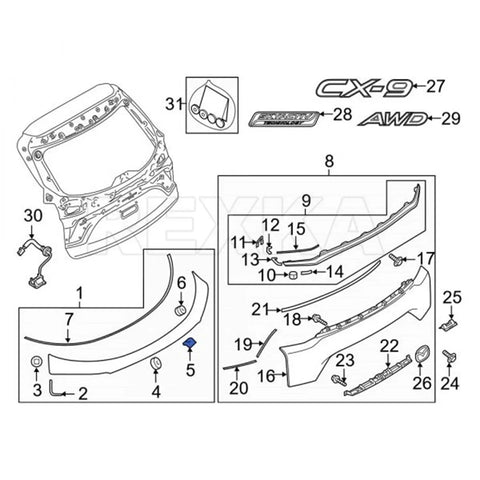 Diagram showing Mazda CX-9 exterior parts including 10 Pack Fender Trim Wheel Opening Moulding Retainer Clips For Mazda KD51-51-W24