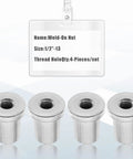 4 Piece Heavy Duty 1/2 20 Extended Thread Weld On Nuts 1 Inch OD Stepped Bung Female Steel with threaded inserts.