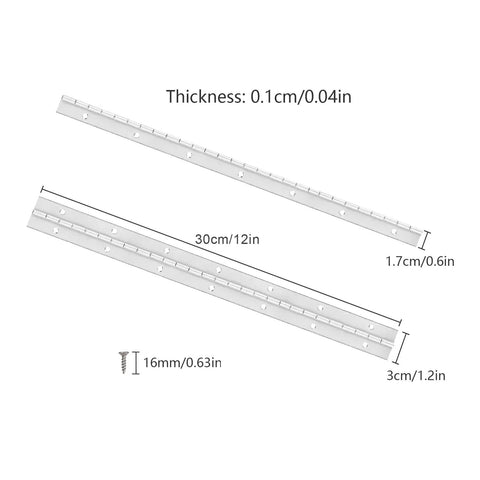 Top Shelf Stainless Steel Piano Hinges Measure Twelve Inches with pre-drilled holes, showing dimensions and thickness for easy installation.