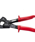Heavy Duty Ratchet Cable Wire Cutter For Slick One Hand Operation With High Voltage Insulated Handles And Quick Release Lever To Cut Copper Or Aluminum Without Any Hassle, showing red insulated handles.