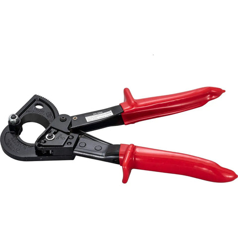Heavy Duty Ratchet Cable Wire Cutter For Slick One Hand Operation With High Voltage Insulated Handles And Quick Release Lever To Cut Copper Or Aluminum Without Any Hassle, showing red insulated handles.