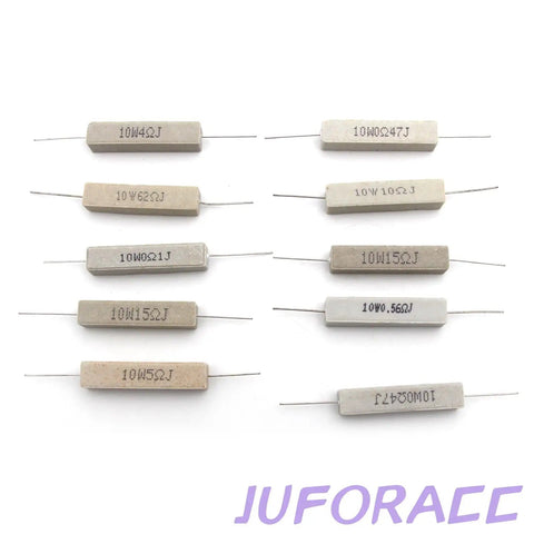 Ceramic Cement Resistor Kit 10W, 50 Pieces, 0.05 To 100 Ohm, resistors on white background with wire leads visible.