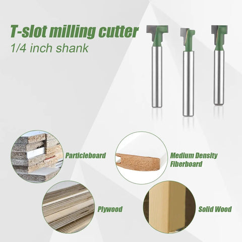 3 Piece Keyhole Router Bits With One Quarter Inch Shank For T Slot Cutting And Hex Bolt Mounting Rock Solid Woodworking Tool Kit set on display