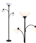 Sky Dome Double LED Floor Lamp With Two Reading Lamps, Torchiere Style, Lit Room-Filling Bright Light, Black Pole