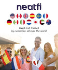 Group of people holding international flags showcasing global trust and love for Neatfi brand