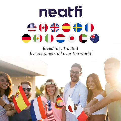People holding international flags under the neatif logo, symbolizing global trust and love from customers worldwide.