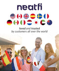 Global customer community holding flags, company name 'neatfi' and diverse international flags displayed above