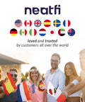 Group of people outdoors holding various international flags with brand logo and text "loved and trusted by customers all over the world."