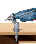 360 Degree Swivel Vise With Heavy Duty Aluminum Base clamping a drill to a wooden surface, ideal for workshops