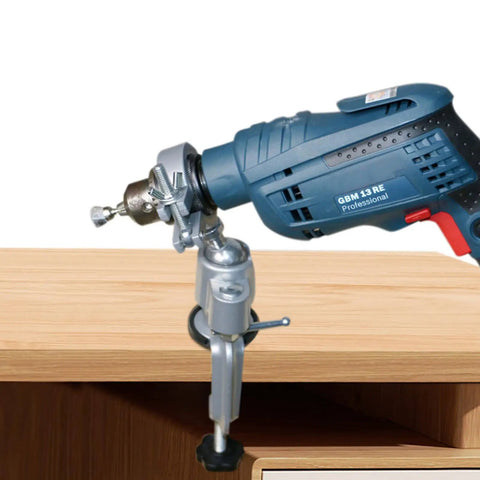 360 Degree Swivel Vise With Heavy Duty Aluminum Base clamping a drill to a wooden surface, ideal for workshops