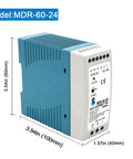 Rail Mount 24V DC Switching Power Supply, 60W, Quick Install, Plug And Play Ready, Input 100-240VAC, Output 24V DC At 2.5A, 50/60Hz, Rugged Industrial Power For Distribution Boxes And Control Panels in a blue and white housing