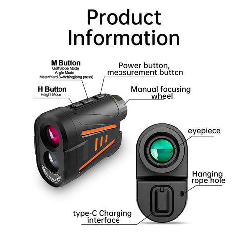 Game Changer Golf Rangefinder With Slope Compensation, 1800 Yard Laser, buttons and features labeled