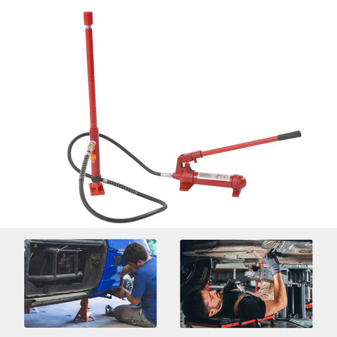 Heavy Duty Auto Body Frame Repair Tool Kit With Storage Case Red - 15-Piece Set hydraulic ram and accessories displayed