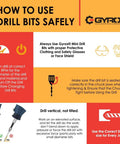 Gyros 20-piece mini twist drill bit set with a dome storage case; safety infographic showing drill use tips