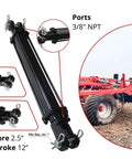 Double Acting Tie-Rod Hydraulic Cylinder for Agriculture 2500 PSI, 2.5 Inch Bore, 12 Inch Stroke, 1.125 Inch Rod, 3/8 Inch NPT Ports, 2.88 Inch Outer Diameter, Agriculture Standard and Heavy Duty Lift shown with farm equipment
