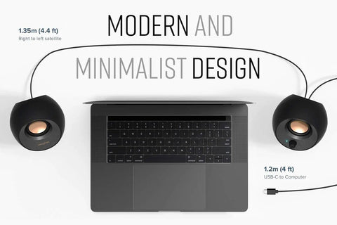 Minimalist USB-C Desktop Speakers With Bluetooth 5.0 next to laptop