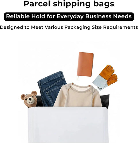 Heavy Duty Weatherproof 12x15.5 Poly Mailers 100 Pack Self Seal Waterproof Shipping Bags with clothing and items inside