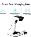 Wireless Portable 1D And 2D Barcode Scanner With Stand Bluetooth USB No Software Needed Rechargeable Battery Handheld Inventory Scanner For POS QR Reader 1D 2D Codes, showing 3-in-1 charging base and USB dongle