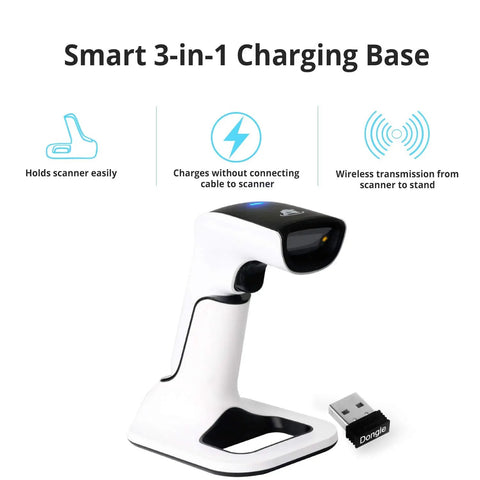 Wireless Portable 1D And 2D Barcode Scanner With Stand Bluetooth USB No Software Needed Rechargeable Battery Handheld Inventory Scanner For POS QR Reader 1D 2D Codes, showing 3-in-1 charging base and USB dongle