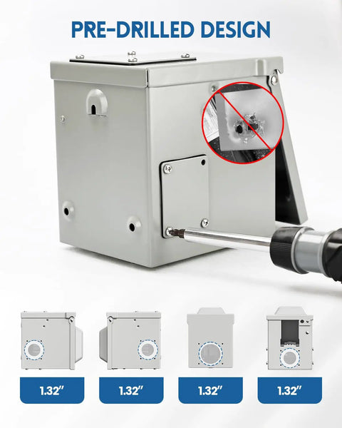 Heavy Duty Rugged Outdoor Outlet Box Knockout Free Setup, Dual GFCI Electrical Enclosure with pre-drilled holes for easy installation.