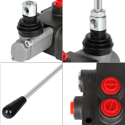 Hydraulic flow control valve, 1-spool, G-port, adjustable relief; collage shows front, side, close-up with red caps and lever.