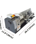 Precision Benchtop Metal And Wood Lathe Machine With 1100 Watt Brushless Motor Variable Speed Control showcased from an angle with dimensions.